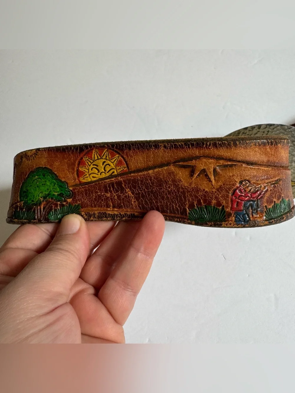 Vintage Hand Tooled Painted Western Leather Belt Horse Buckle Ranch Southwestern